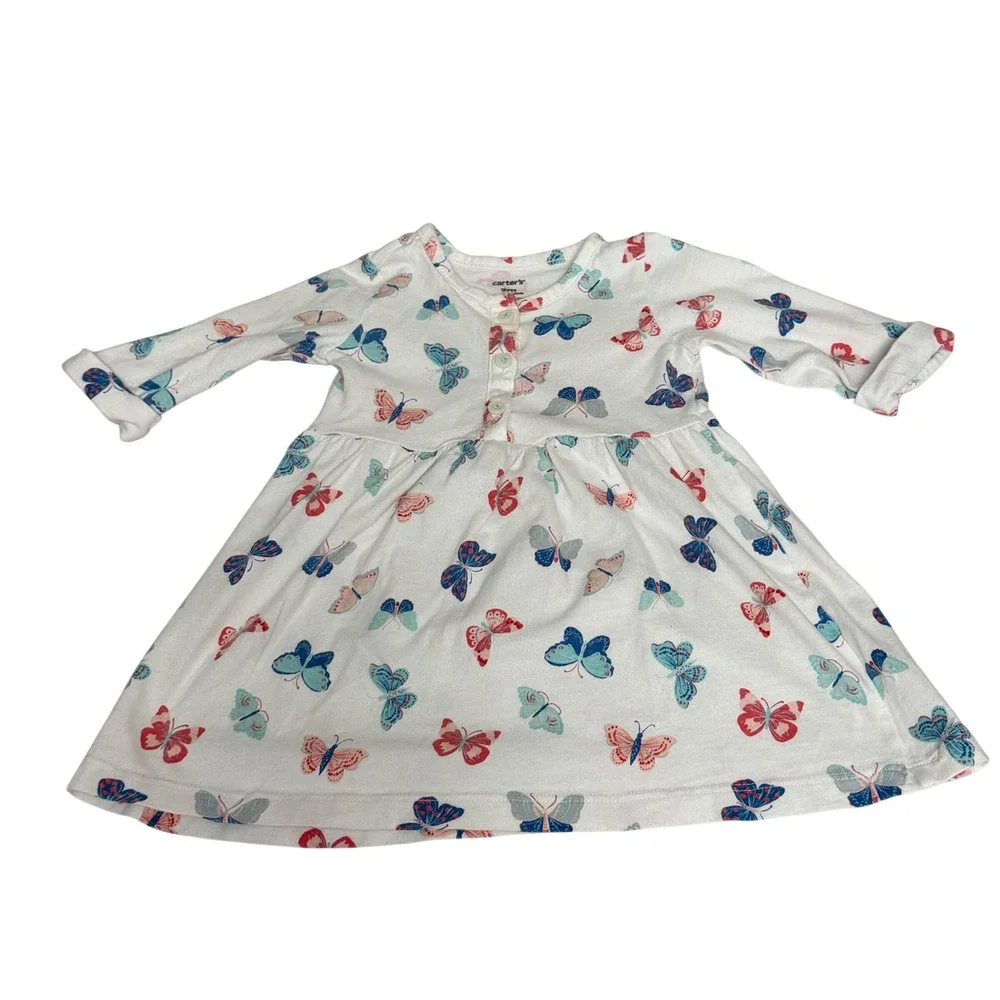 Carters Baby Girl Butterfly Print Long Sleeve Cotton Dress White 9 Months